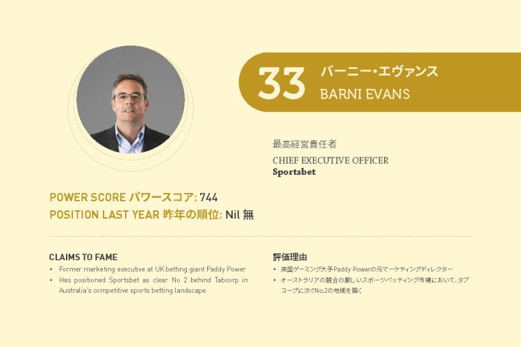 2021年アジアゲーミングパワー50: 33位バーニー・エヴァンス